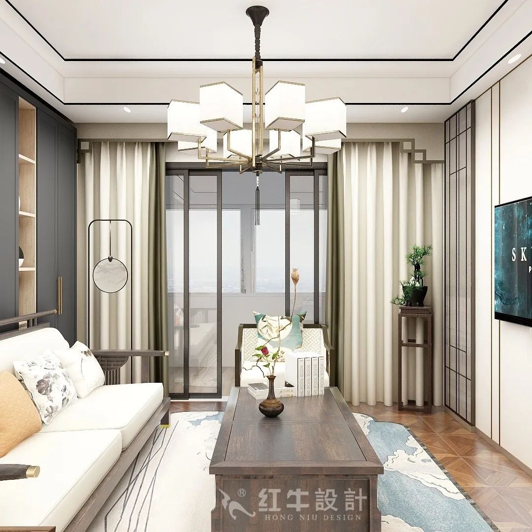 朱明琪_紅牛設(shè)計--中垠紫金官邸105㎡（C3戶型）新中式風格01客廳