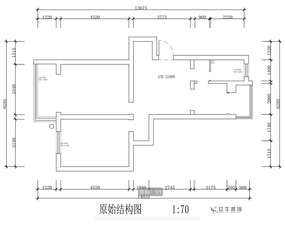 蔣?。蔡┐?1-401-80㎡-現(xiàn)代簡約風(fēng)格｜2室1廳1衛(wèi)｜舊房裝修｜定制家￥126767｜全包12萬｜00_01原始結(jié)構(gòu)圖