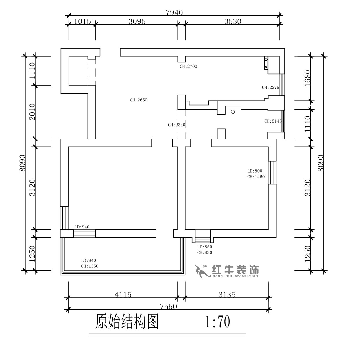 蔣琛｜公園路44號小區(qū)3-204-60㎡-現(xiàn)代簡約風格｜2室1廳1衛(wèi)｜舊房裝修｜定制家｜全包10萬｜00_01原始結(jié)構(gòu)圖