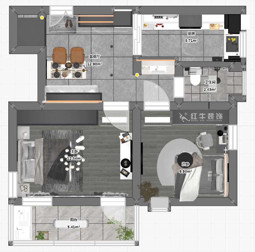 蔣琛｜公園路44號小區(qū)3-204-60㎡-現(xiàn)代簡約風格｜2室1廳1衛(wèi)｜舊房裝修｜定制家｜全包10萬｜00_03平面彩圖