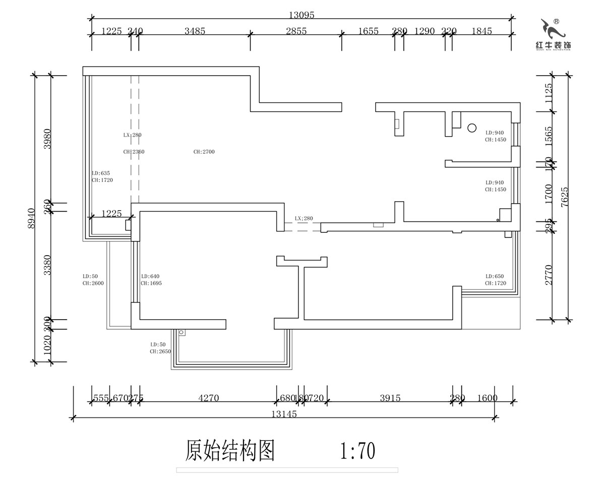 蔣?。霄沃腥A廣場11-601-110㎡-現(xiàn)代簡約風(fēng)格｜2室2廳1衛(wèi)｜舊房裝修｜定制家￥140400｜全包15萬｜00_01原始結(jié)構(gòu)圖