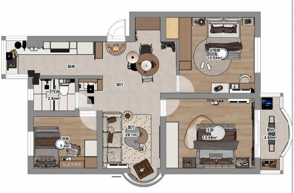 仇美蓉|裕華新村2-3-406-86㎡-簡(jiǎn)約風(fēng)格|3室2廳1衛(wèi)|老房裝修|定制家|全包10萬(wàn)|00_03平面彩圖