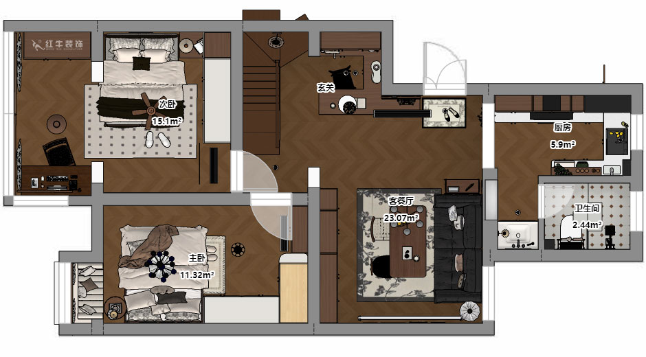 蔣?。鼕W體新城翠杉園15-507-(72+40)㎡-中古風(fēng)｜復(fù)式｜2室1廳1衛(wèi)+閣樓｜老房裝修｜定制家｜全包12萬(wàn)｜00_03平面彩圖